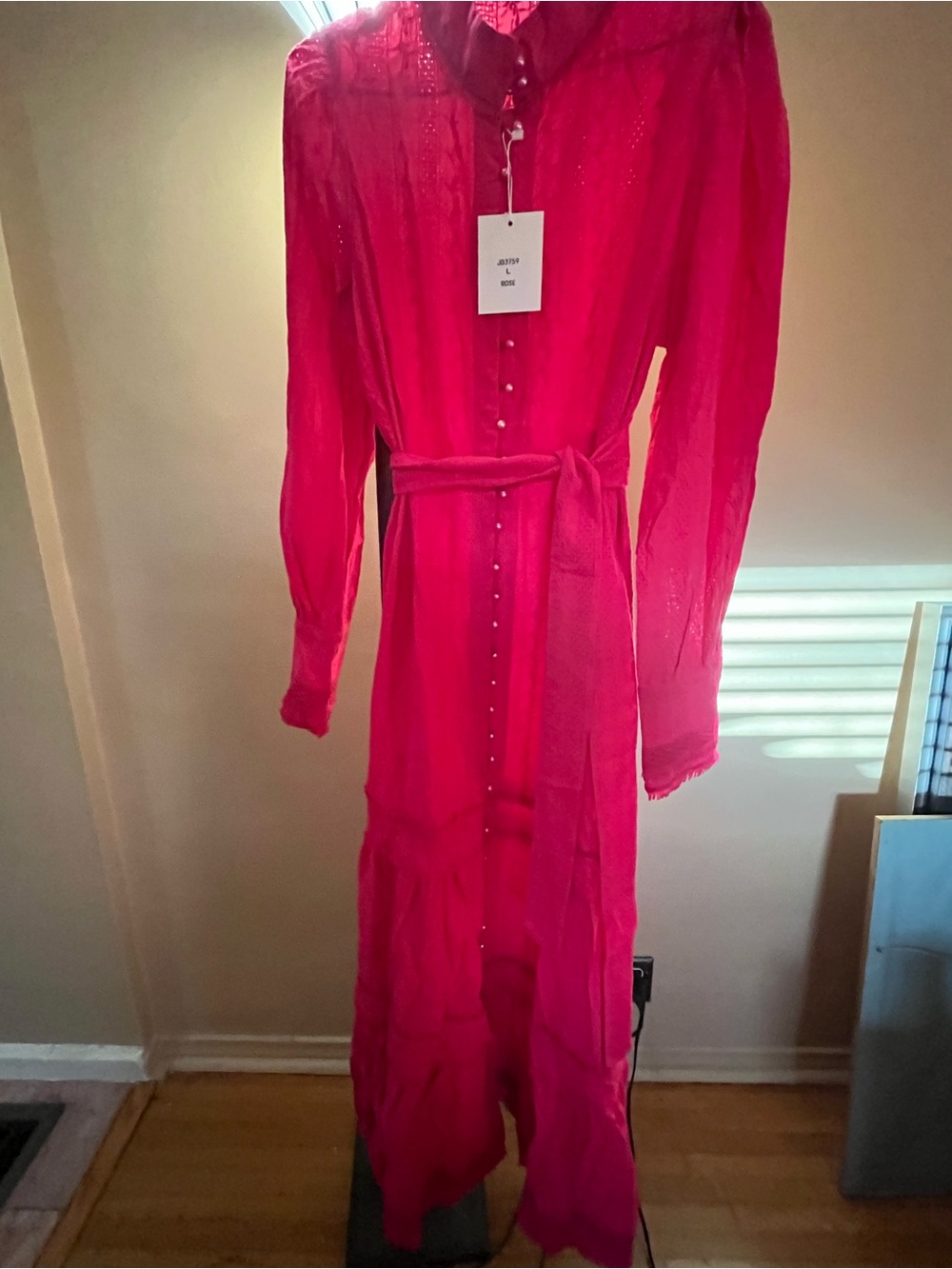 Fuchsia/Hot Pink Long Sleeve Tiered Eyelet Maxi Dress Size Large NEW